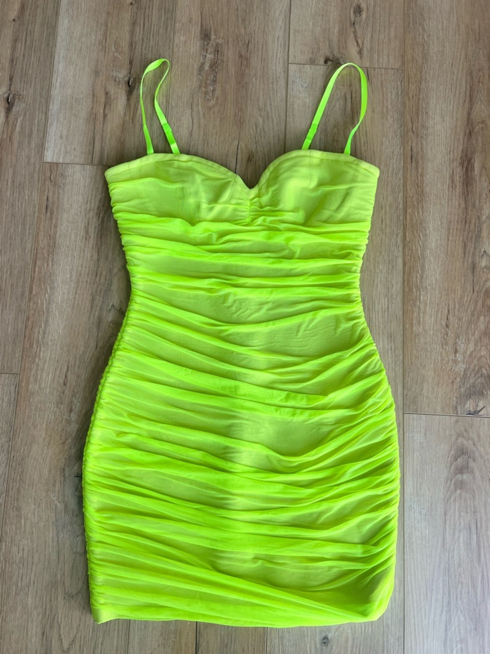 Fashion Nova Neon Lime Ruched Mini Dress